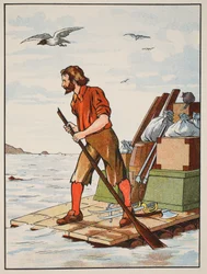 Robinson Crusoe na svém voru, ilustrace z Příběhu Robinsona Crusoe: Adaptace pro děti v jazyce Defoes, hospoda. od Griffith Farran Browne & Co. Limited, Londýn