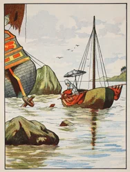 Robinson Crusoe zachraňující psa ze španělského ztroskotání, ilustrace z Příběhu Robinsona Crusoe: Adaptace pro děti v jazyce Defoes, hospoda. od Griffith Farran Browne & Co. Limi