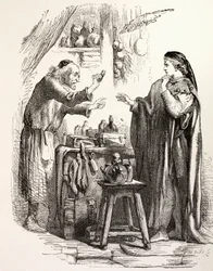 Romeo kupuje jed od lékárníka, ilustrace od Romea a Julie, z „The Illustrated Library Shakespeare“, vydané v Londýně 1890 (litho)