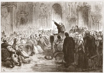 Rousselovo kázání v Louvru, ilustrace z Historie protestantismu od Jamese Aitkena Wylie (1808-1890), hospoda. 1878