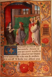 Roy 16 F II f.137 Abatyše a její žákyně obklopené skupinou poslouchajících dam, z „Dopisů abatyše Heloise“, kolem 1500 (vellum)