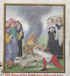 Roy 18 D II f.161 Theseus spalující těla Athéňanů zabitých thébským králem Kreónem, z „Trójské knihy a příběhu o Thébách“ od Johna Lydgatea (asi 1370-1451) 1412-22 (vellum)