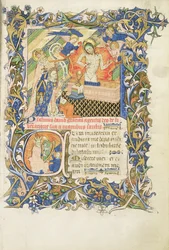 Roy 2 B I f.8 Korunovaná postava podepřená šedým vousatým světcem klečícím před obrazem Pity, ze žaltáře Humphreyho vévody z Gloucesteru, kolem 1420-30 (vellum)