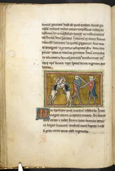 Royal 12 F.XIII, f.42v Dva rytíři bojující pěšky s meči, zatímco jejich koně spolu bojují na zadních nohách. , z Bestiáře (ff. 3-141), Lapidárium (ff. 141v-149)  , 2. čtvrtina 13. století (vellum)