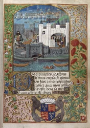 Royal 16 F. II, f.73 The Tower of London, s London Bridge vzadu. Charles, vévoda z Orleans, viděn psát, jak stojí u okna a posílá dopis na nádvoří