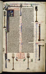 Royal 1 D I, f.1r, Jeroným, mniši na sloupech, z Bible Viléma z Devonu (vellum)
