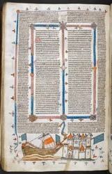 Royal MS 10 IV f.208v Námořní útok a okrajová dekorace, ilustrace z 