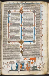 Royal MS 10 IV f.240r King bránící svůj palác a okrajovou výzdobu, ilustrace z 