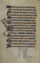 Royal ms 2_B VII f.177v Basdepage scéna dvou žen nesoucích jestřáby a malého psa před nimi, s obydlenou iniciálou, ilustrace z 