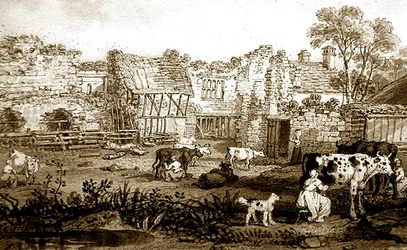 Zřícenina panského sídla s dojícími kravami, cca 1800 (pero a sépiový inkoust na papíře)