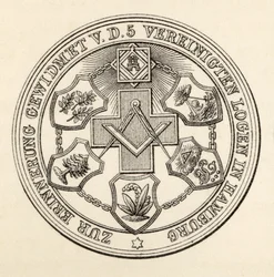 Pečeť hamburských svobodných zednářů, z „The History of Freemasonry, svazek III“, vydal Thomas C. Jack, Londýn, 1883