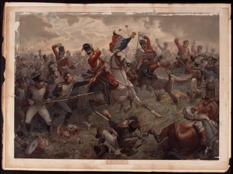Seržant Evert zachycující francouzské barvy během útoku na Scots Grays v bitvě u Waterloo, 18. června 1815, kolem roku 1908