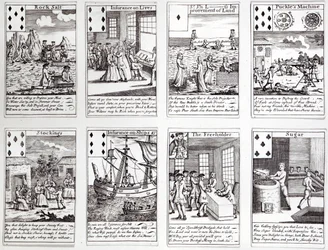 Sada hracích karet zobrazujících satirické scény současných komerčních podniků a investic, kolem roku 1720