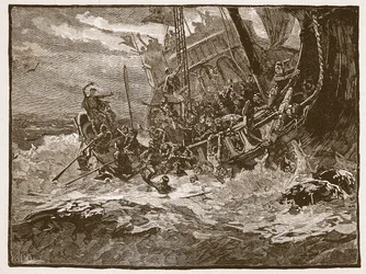 Ztroskotání lodi Prince William, ilustrace z Cassells Illustrated History of England (sépiová fotografie)