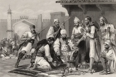 Sikhské jednotky rozdělující kořist získanou od vzbouřenců z „Historie indické vzpoury“ vydané v roce 1858