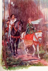 Sir Lancelot a královna Guinevere. Barevná ilustrace z knihy The Gateway to Tennyson vydané v roce 1910.