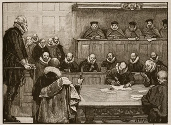 Sir Walter Raleigh před soudci, ilustrace z Cassells Illustrated History of England (sépiová fotografie)