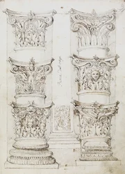 Six Capitals, a Lesene and Two Column Base, Folio 1, The Master of the Oxford Album, c.1512-17 (pero a tmavě hnědý inkoust)