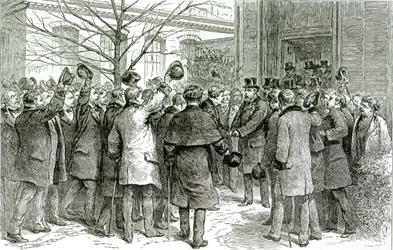 Sr. Robert Koch (1843-1910) opouští Královskou nemocnici, kde se léčí anglický pacient, z The Graphic, 6. prosince 1890