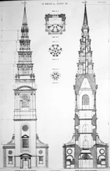 St. Brides, Fleet Street, Elevation of the West End, 19. století