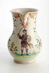 Staffordshire džbán zdobený postavou v kroji Vysočiny, 1755 (solná glazura)