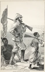 Stanley se blíží k jezeru Tanganika, ilustrace z Obrazového vydání života a objevů Davida Livingstona od J. Ewinga Richieho, vydalo nakladatelství A. Fullarton & Co., 1876.