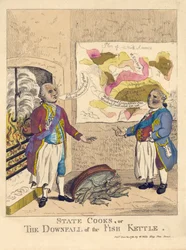 State Cooks, aneb Pád rybí konvice, hospoda. 1781 (ručně kolorovaná rytina)