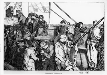 Emigranti na palubě osobní lodi z Evropy do Nového světa, cca 1870