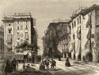 Ulice v Barceloně, ilustrace z knihy "Spanish Pictures" od Rev. Samuela Manninga (rytina)