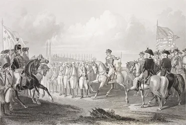Kapitulace lorda Cornwallise v Yorktownu ve Virginii, 19. října 1781, z „Galery of Historical Portraits“, publikované kolem roku 1880