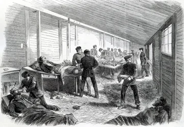 Dočasná polní nemocnice za druhou pruskou paralelou v Dueppel, 1864