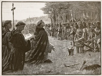 Díkůvzdání anglické armády po bitvě u Agincourtu, 25. října 1415, ilustrace z Cassells Illustrated History of England (sépiová fotografie)