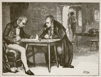 Zástupci Británie a Švédska při podpisu smlouvy proti Napoleonovi, ilustrace z knihy Cassells Illustrated History of England (sépiová fotografie)