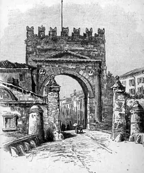 Augustův oblouk, Rimini, Itálie, z knihy "The Picturesque Mediterranean", svazek 3, vydané nakladatelstvím Cassell and Co. Ltd.