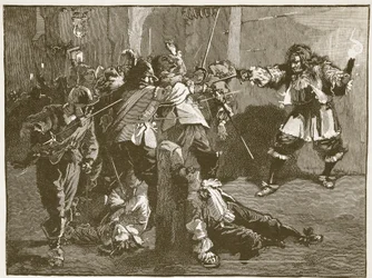 Útok Johna Coventryho, ilustrace z Cassells Illustrated History of England (sépiová fotografie)