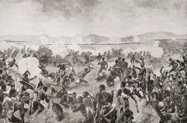 Bitva u Ulundi v roce 1879 ukazující poslední nápor Zuluů a britského náměstí v dálce, z 