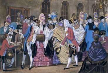 Hospoda The Bread and Butter Manufactory aneb Humors of Bagnigge Wells. Carington Bowles, 1772 99: Styl makaronů; tradiční kroj; tradiční oděv; móda; konvice; šálky;