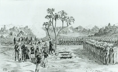 Pohřeb generála Earla a plukovníků Eyrea a Coveneyho v Kirbekanu, z knihy The Campaign of the Cataracts od generála Williama Francise Butlera, vydané v roce 1887.