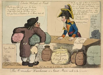 Konzulární sklad aneb Velký muž přibitý na pult, hospoda. 1802 (ručně kolorovaná rytina)