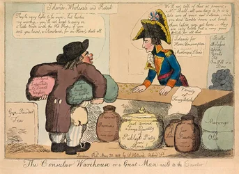 Konzulární sklad aneb Velký muž přibitý na pult, hospoda. 1802 ručně kolorovaná rytina.