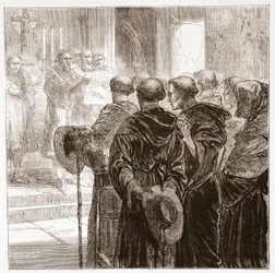 Radní rozpouštějící mnišský řád Augustinů v Curychu, 1524, ilustrace z Dějin protestantismu od Jamese Aitkena Wylie (1808-1890), pub. 1878
