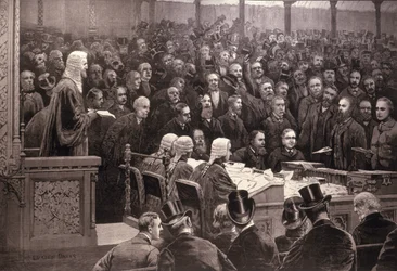 Divize v Dolní sněmovně pro irskou otázku samosprávy, „Ayes; 311, Noes; 341“, z „The Illustrated London News“, 6. prosince 1886