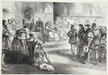 Saský kurfiřt čte protest na sněmu Spires, ilustrace z Historie protestantismu od Jamese Aitkena Wylie (1808-1890), pub. 1878