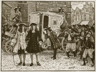 Anglický plnomocník uražený v ulicích Utrechtu, 1712, ilustrace z Cassells Illustrated History of England (sépiová fotografie)