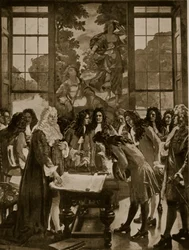 Založení Anglické banky, 1694, ilustrace z knihy Hutchinsons Story of the British Nation, cca 1923.