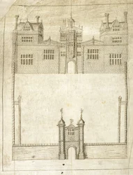 The Front of Wilton House, detail z Survey of Lands pro 1. hraběte z Pembroke, 1566 (pero a inkoust na pergamenu)