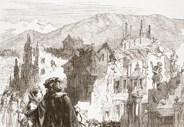 Ženevani ničí předměstí svého města, ilustrace z Historie protestantismu od Jamese Aitkena Wylie (1808-1890), hospoda. 1878