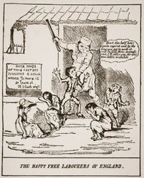The Happy Free Labourers of England, z tisku vydaného v roce 1833, ilustrace z knihy The Church of England: Spence-Jones, vyd. cca 1910 (sépiová fotografie).
