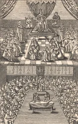 Sněmovna lordů a Dolní sněmovna za krále Karla I., kolem roku 1640 (barevný dřevoryt)