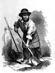 The London Scavenger, ilustrace z „Londýnské práce a londýnské chudiny“ od Henryho Mayhewa, kolem 40. let 19. století